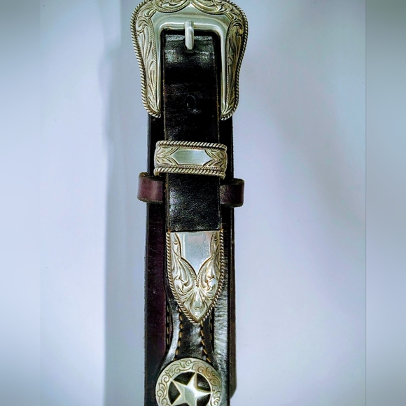 The Real McCoy Other - LEATHER MEN'S BELT WESTERN HANDMADE, FILIGREE SILVER BUCKLE, ⭐ CONCHOS Sz 42-46